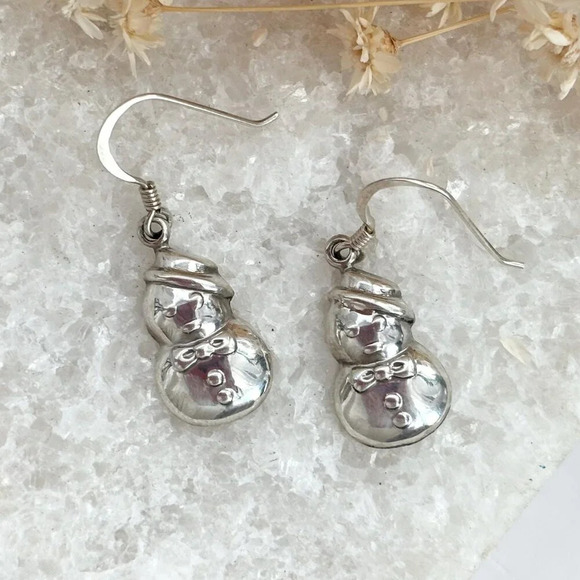 Sterling Silver Vintage Snowman 925 Stamped Thai Made Vintage Dangle Earrings - Picture 7 of 9